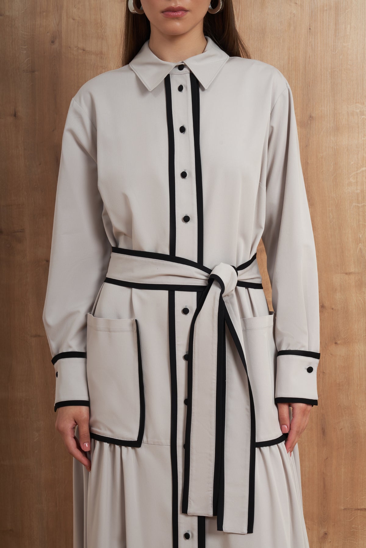 Contrast Trim Belted Shirt Dress