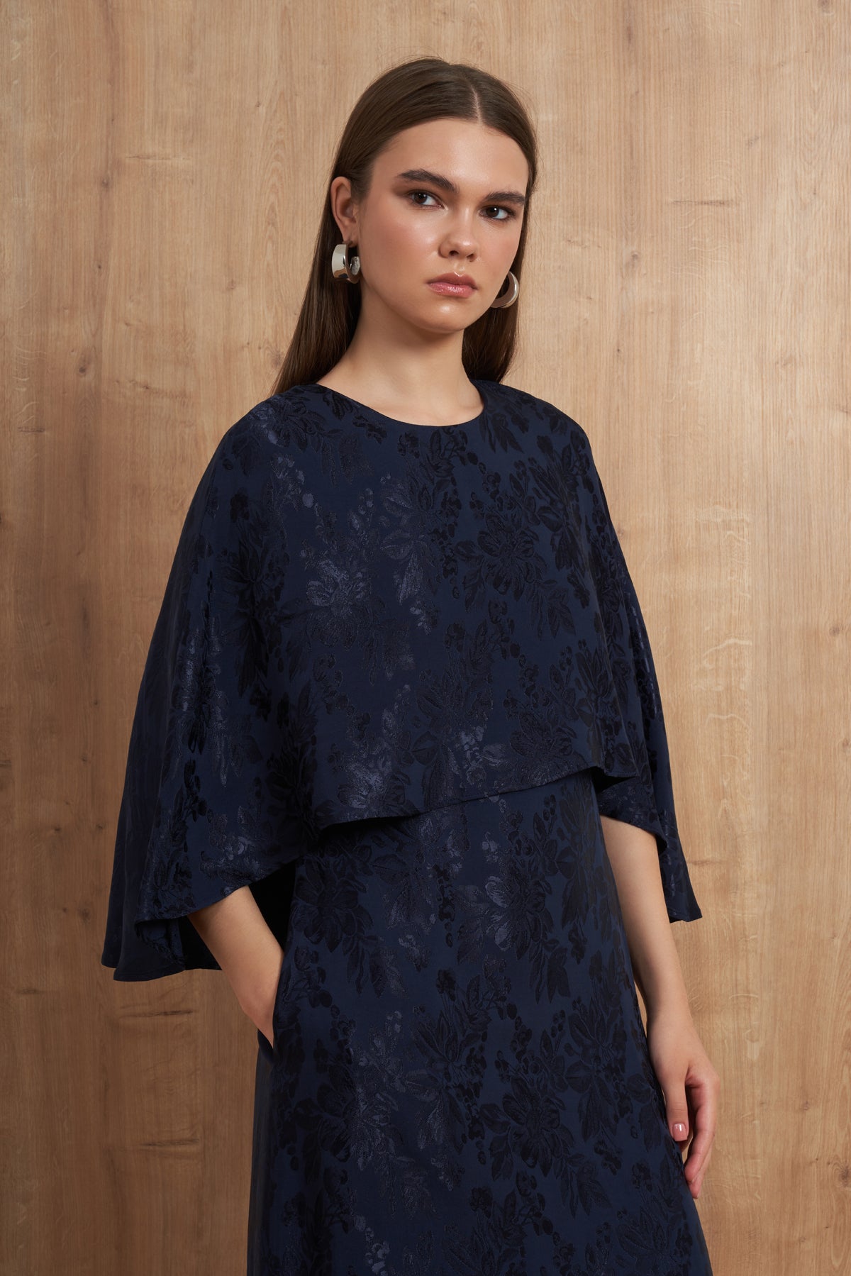 Floral Jacquard Cape Dress