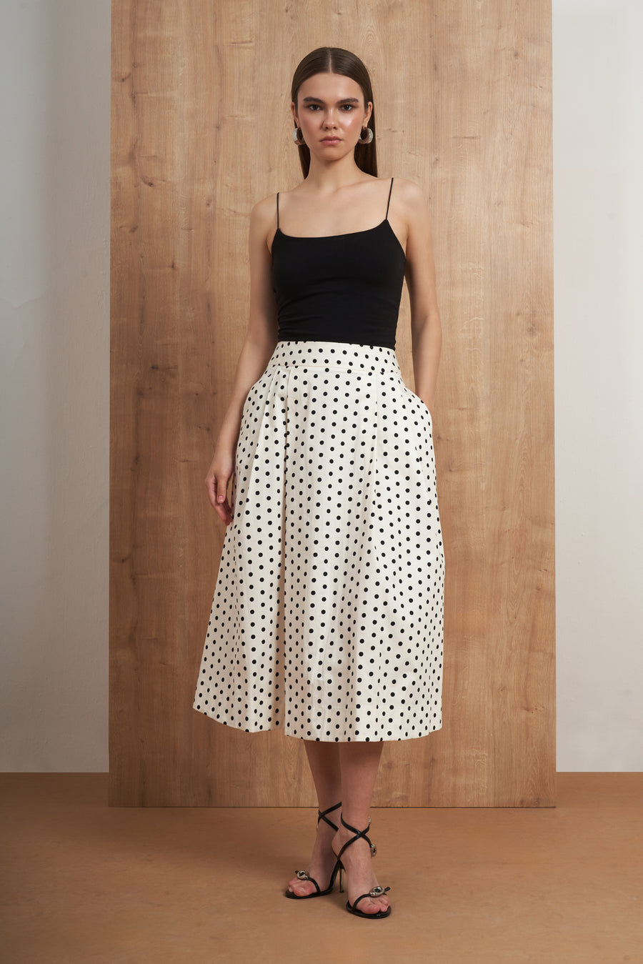 Polka Dot Pleated Midi Skirt