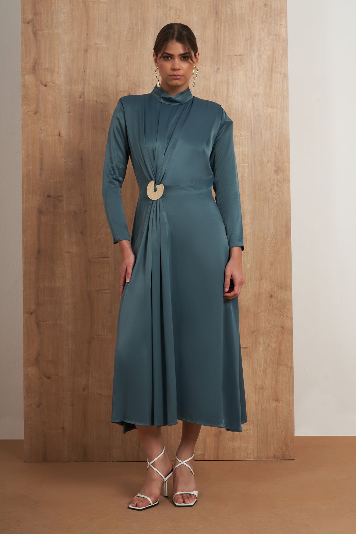Draped Brooch Midi Dress