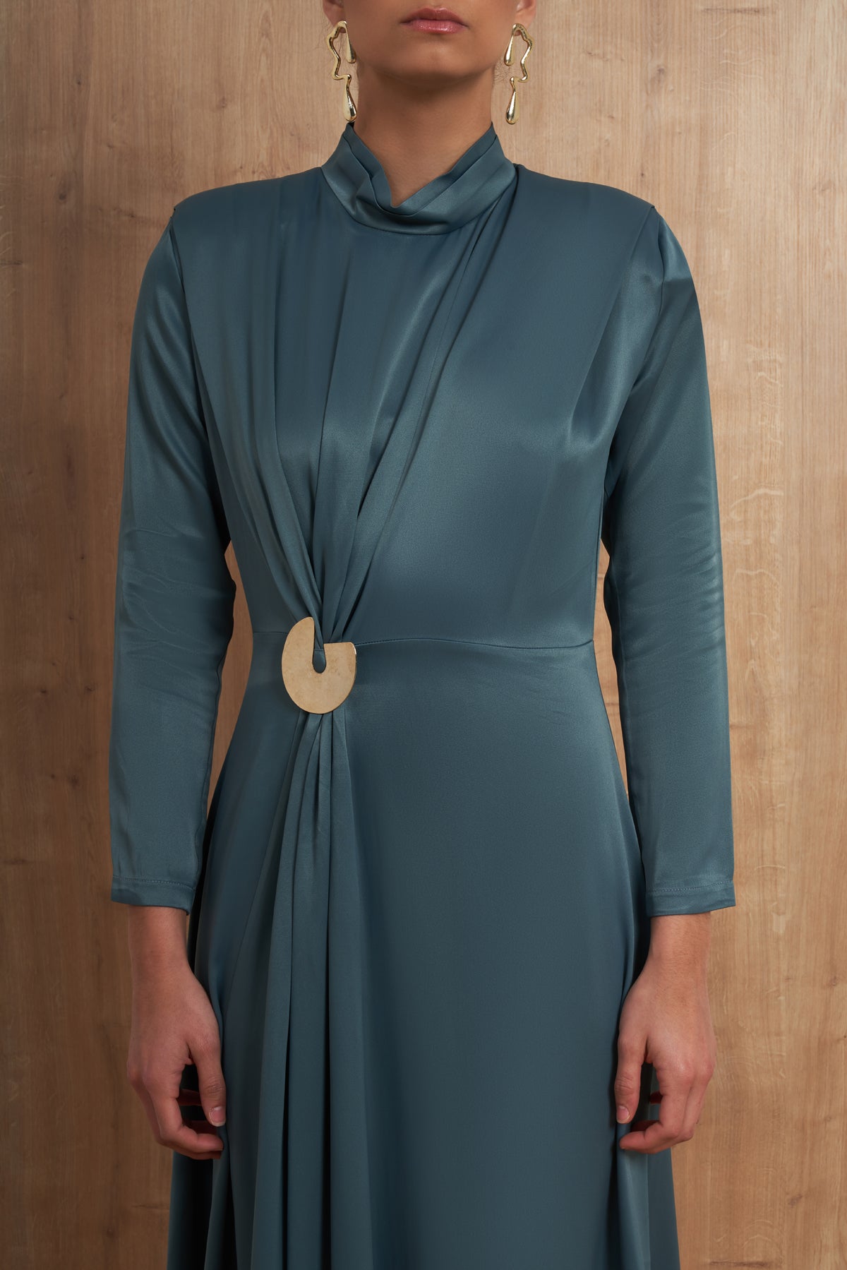 Draped Brooch Midi Dress