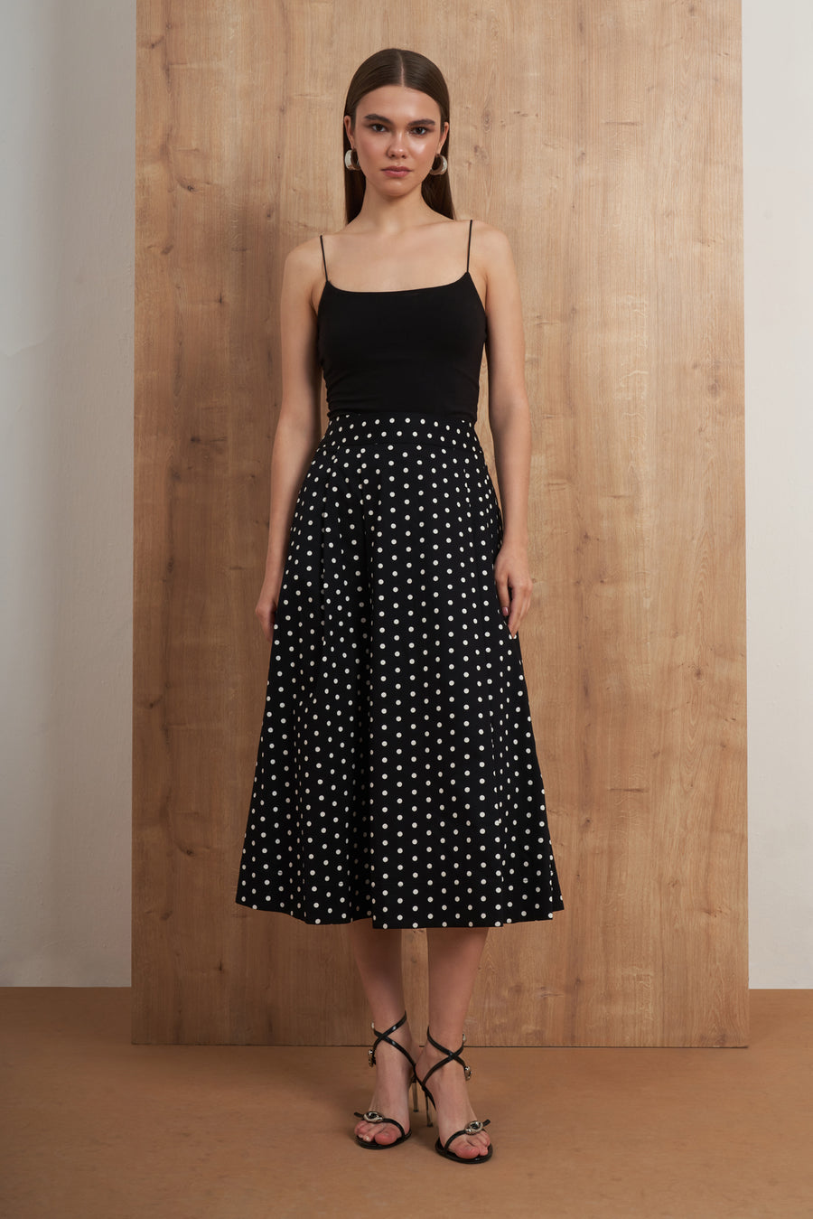 Polka Dot Pleated Midi Skirt