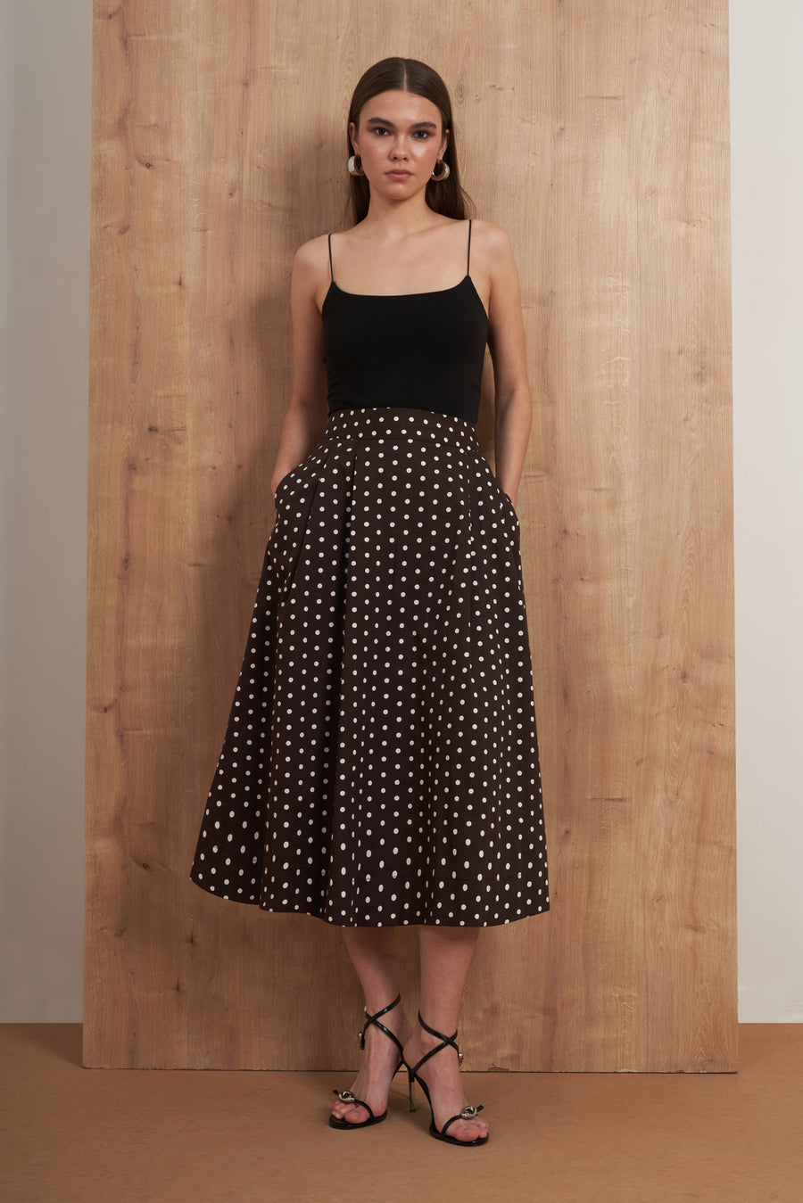 Polka Dot Pleated Midi Skirt