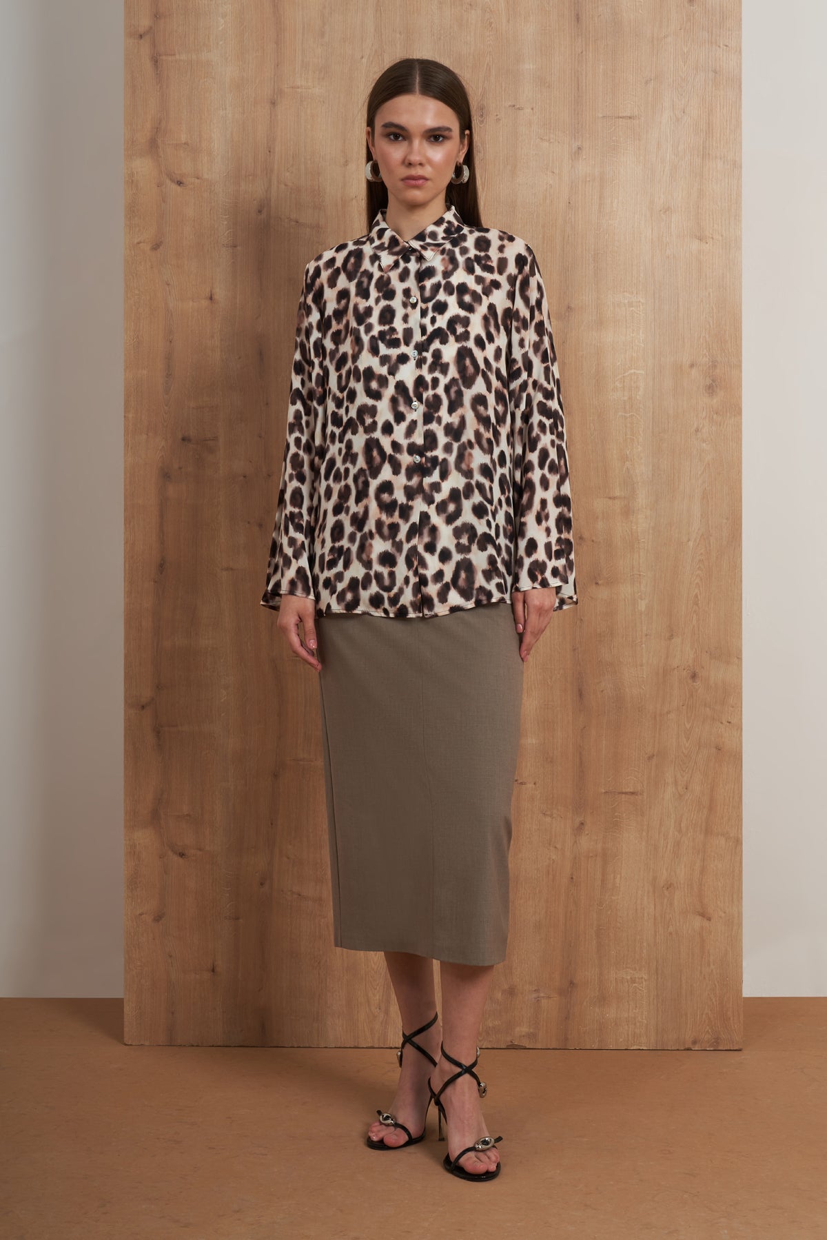 Leopard Print Satin Button-Down Blouse