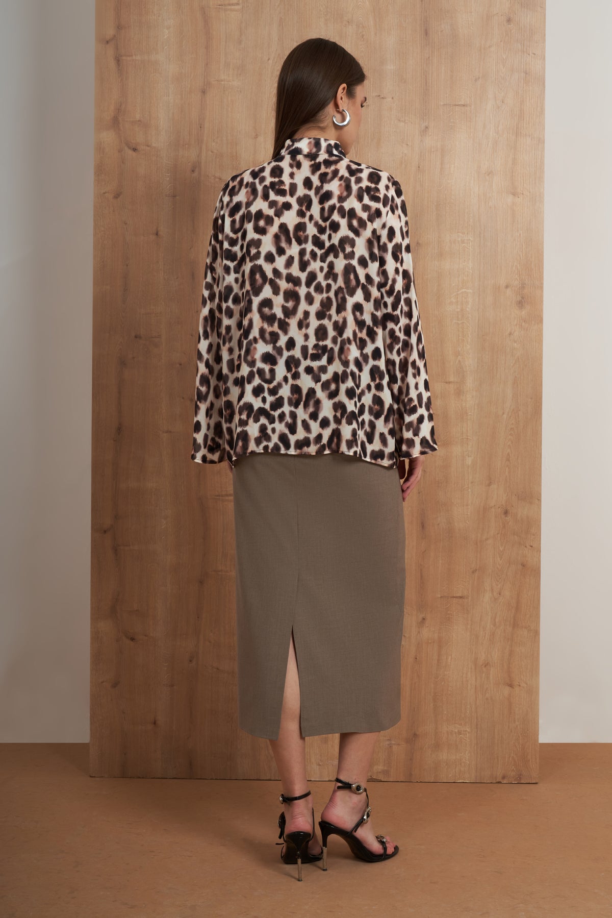 Leopard Print Satin Button-Down Blouse