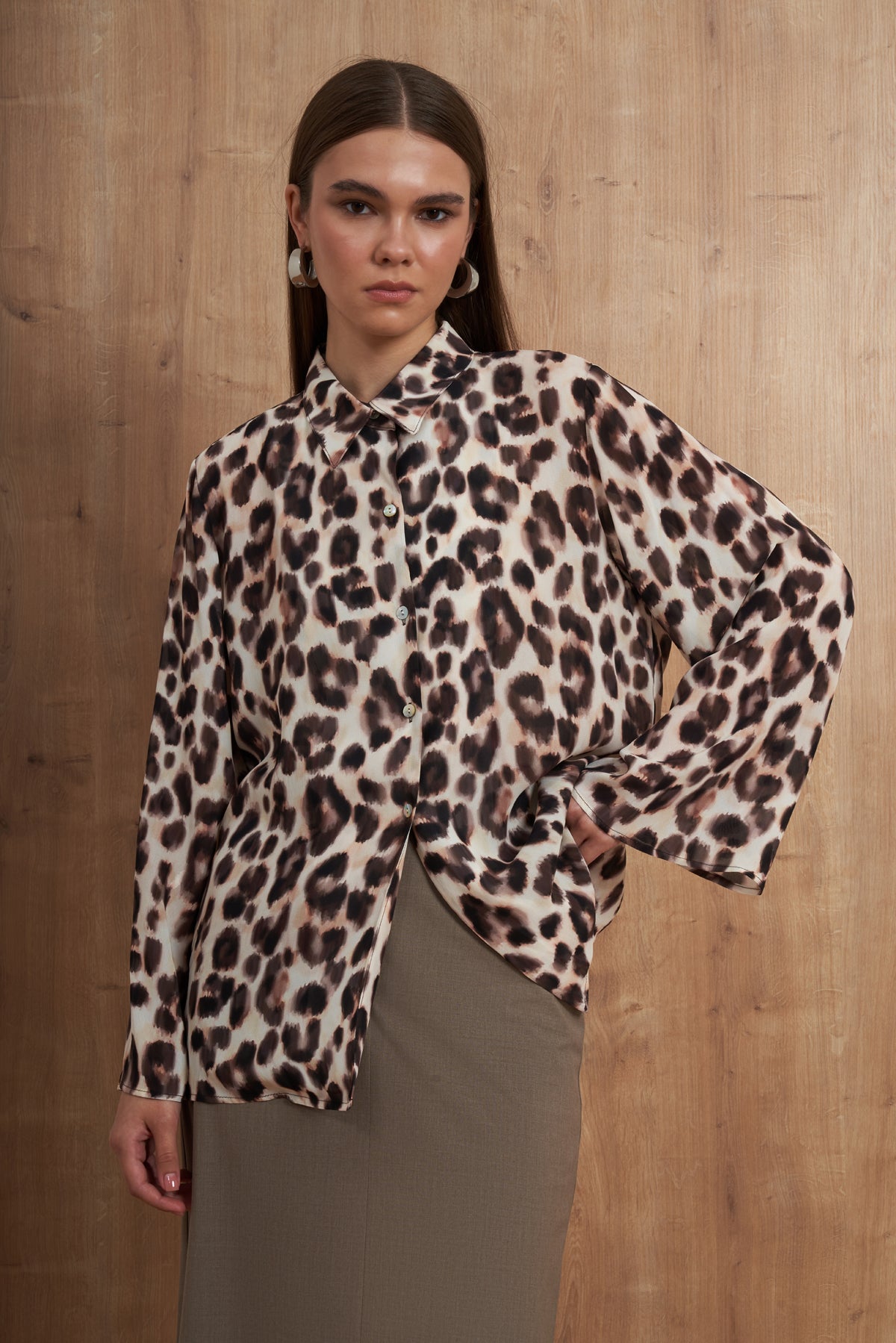 Leopard Print Satin Button-Down Blouse