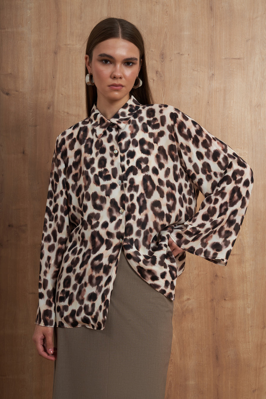 Leopard Print Satin Button-Down Blouse