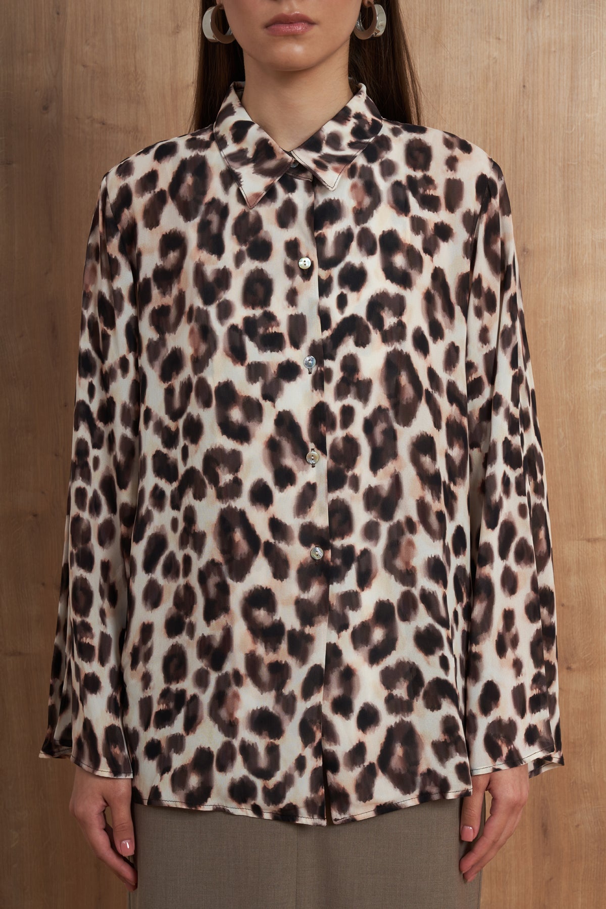 Leopard Print Satin Button-Down Blouse