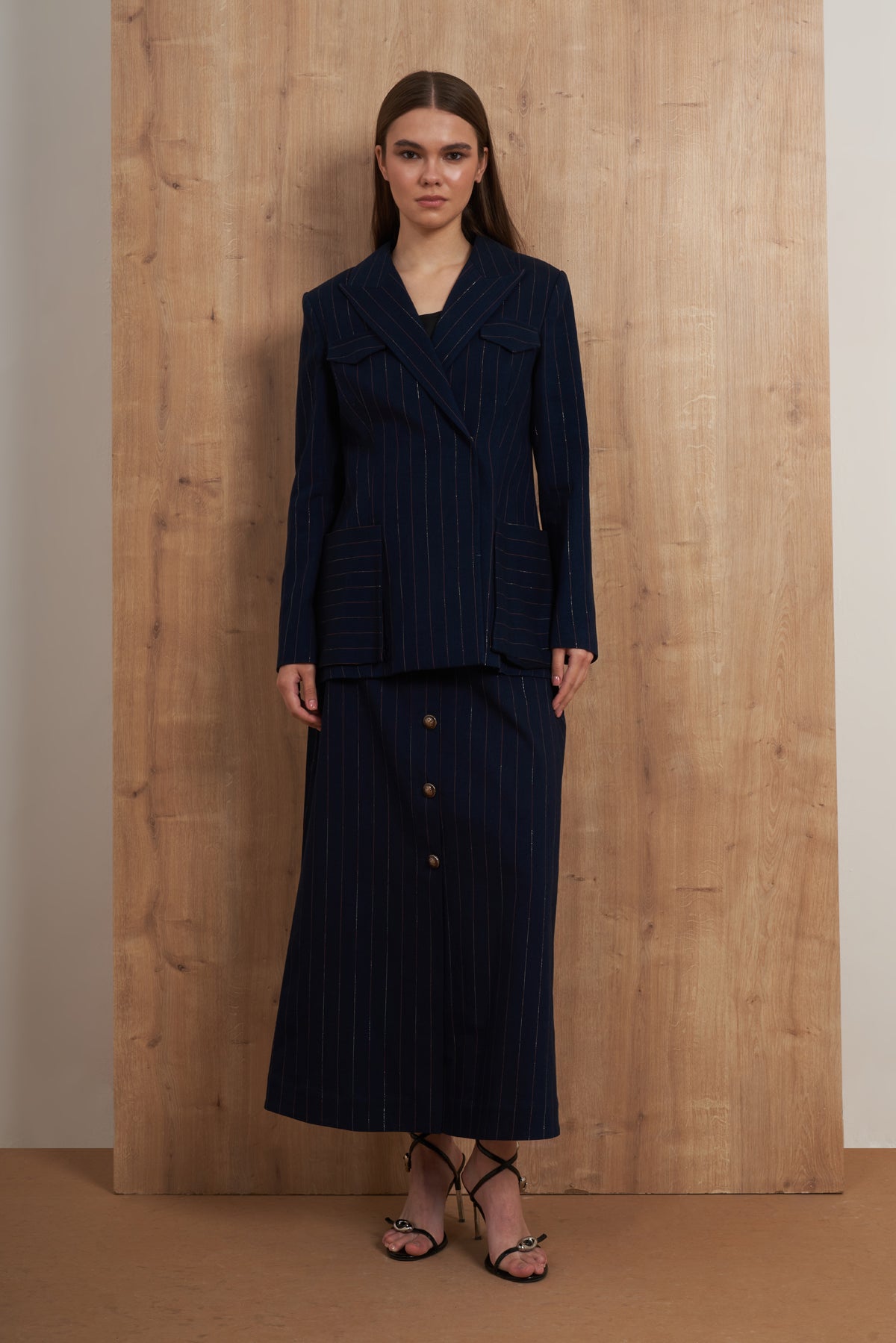 Pinstripe Blazer & Maxi Skirt Set