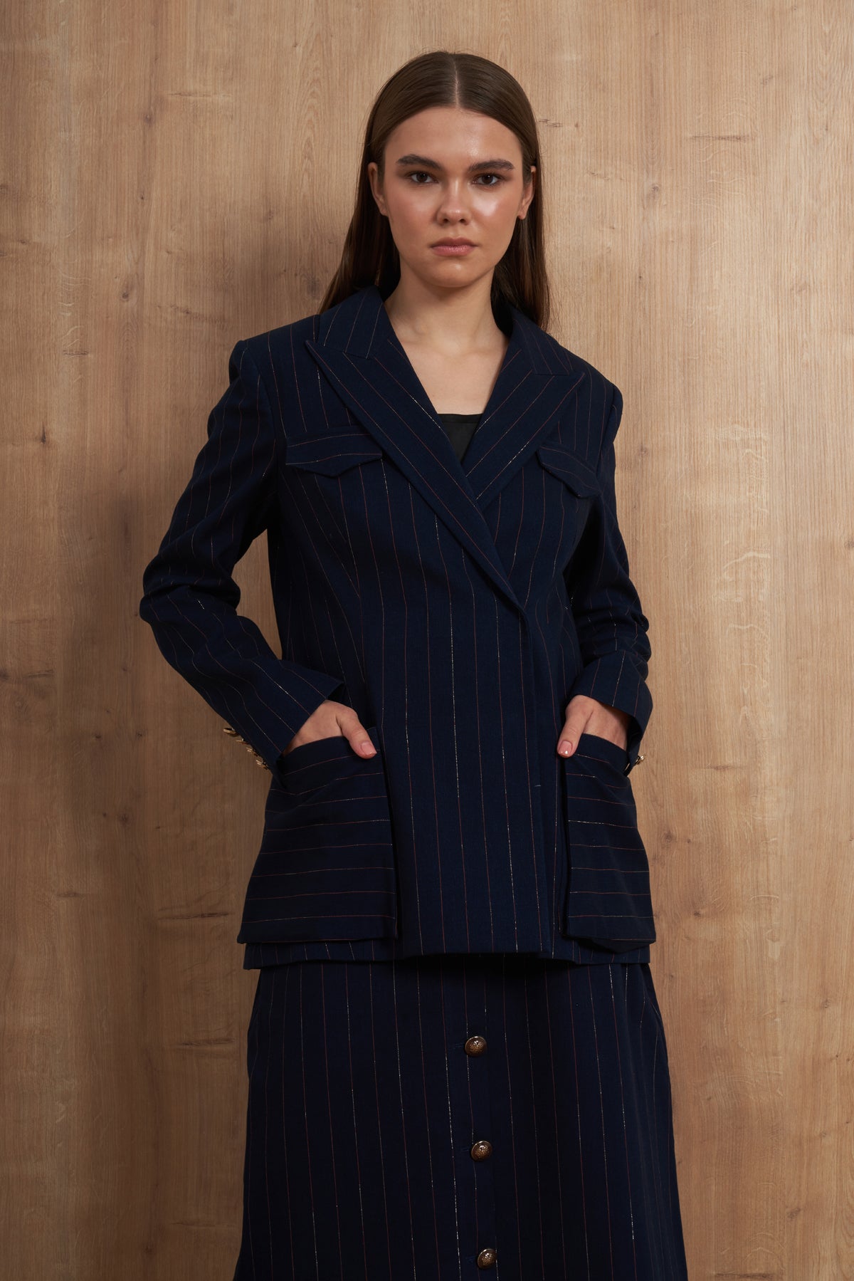 Pinstripe Blazer & Maxi Skirt Set
