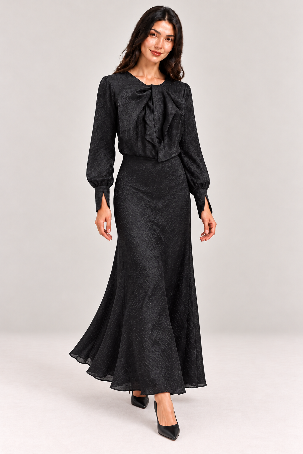 Elegant Jacquard Bow Maxi Dress