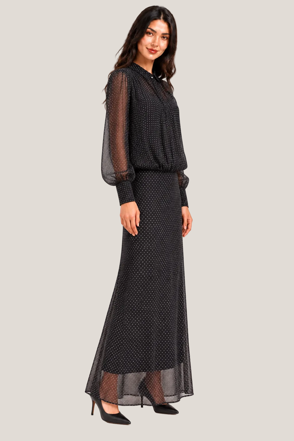 Elegant Sheer Polka Dot Maxi Dress