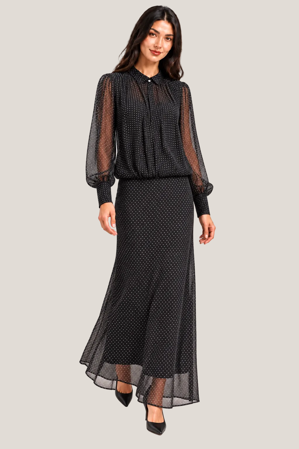 Elegant Sheer Polka Dot Maxi Dress