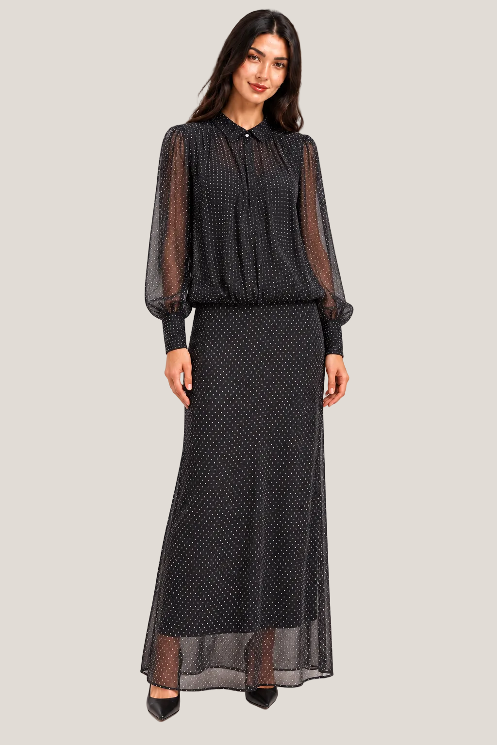 Elegant Sheer Polka Dot Maxi Dress
